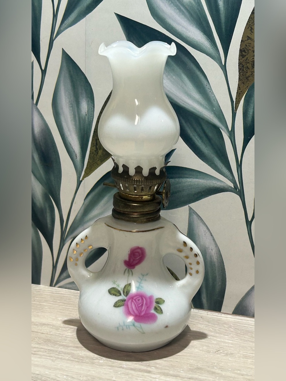 Vintage Miniature Floral Milk Glass Oil Lamp